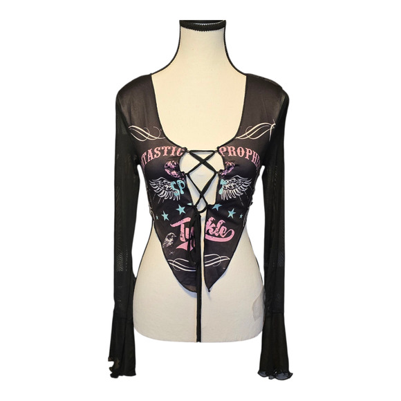 SHEIN Tops - Rave Festival Top Womens Size XS Black Sheer Mesh Bell Sleeve Clubwear Goth NWT